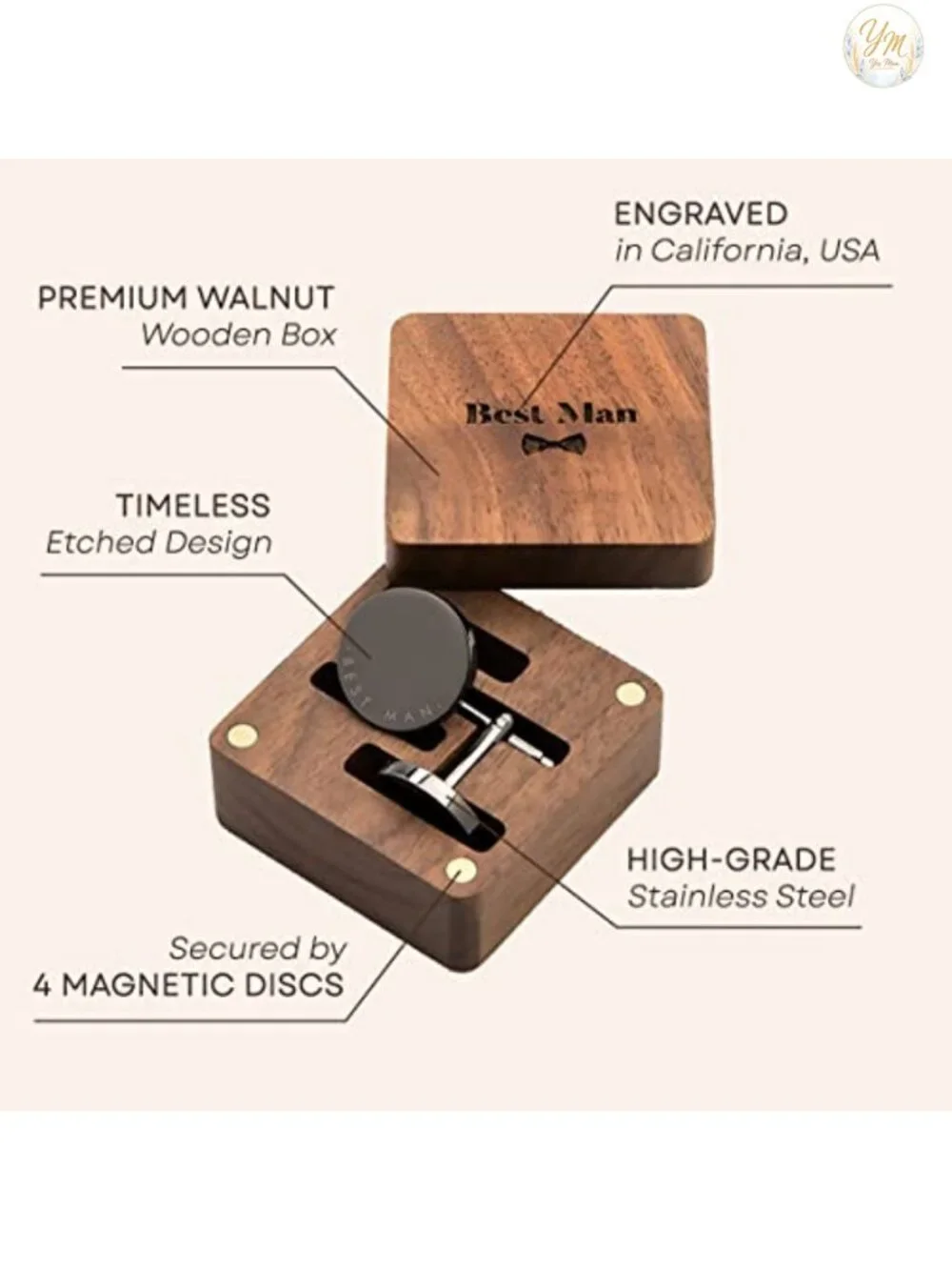 Best Man Gunmetal Cufflinks with Engraved Wood Gift Box